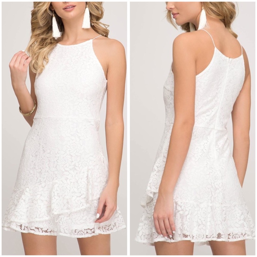 She & Sky Lace Ruffle White Tank Mini Dress